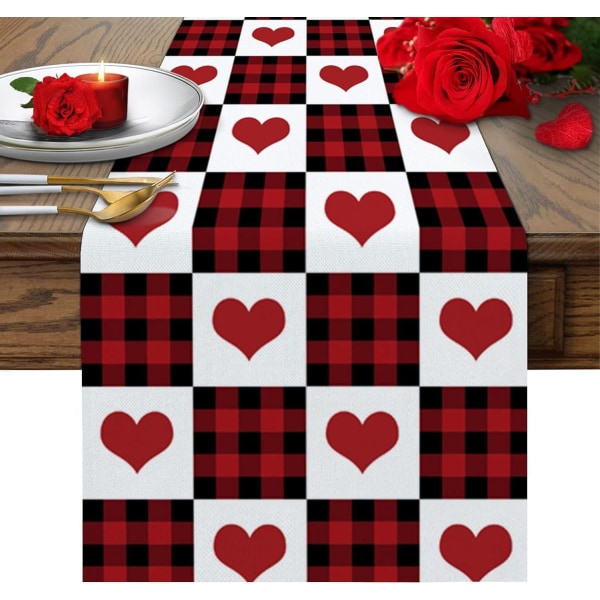 Mode Buffalo Plaid Love Hearts Valentine's Day Bordløber, Sæsonbestemt Køkken Spisebord Dekoration til Indendørs Hjemmefest 13x72 Tommer