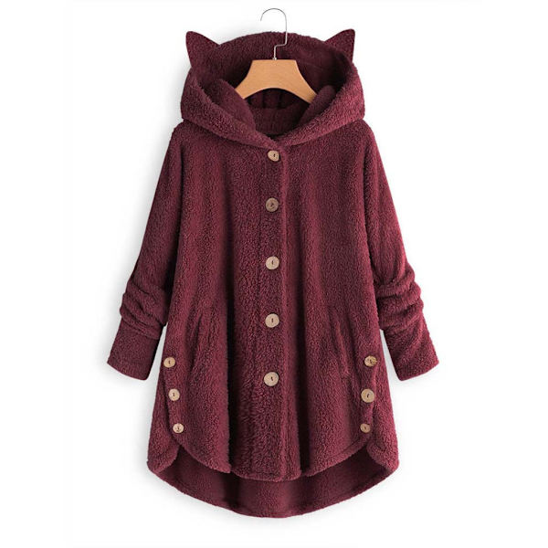 Naisten Trendikäs Epäsäännöllinen Yksivärinen Takki Plussahupun ja Kissankorvilla Wine red 4XL