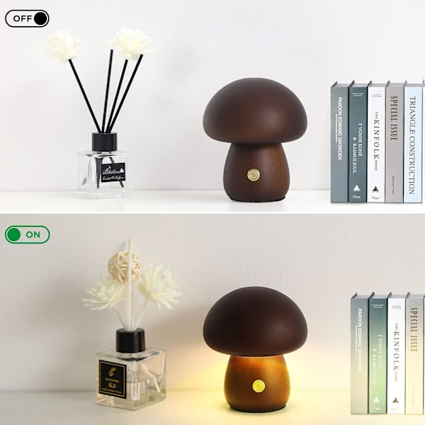 Svampe lampe til soveværelse, bærbar dæmpbar sengelampe med USB-opladning, trådløs natlampe i træ (medium, valnød)