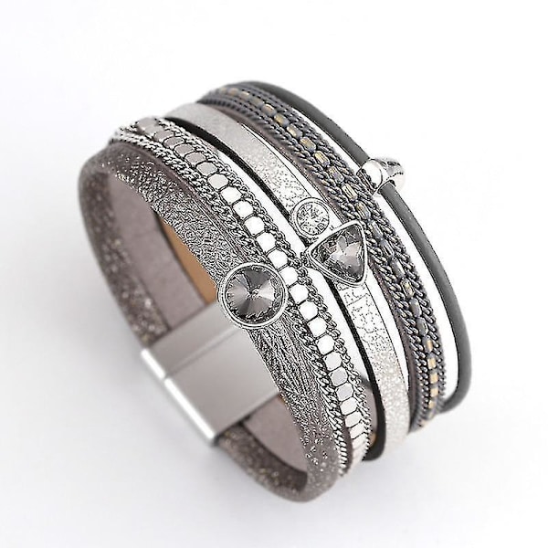 Trendy Rhinestone- Krystall Charm Femme, Brede Lærarmbånd Grå