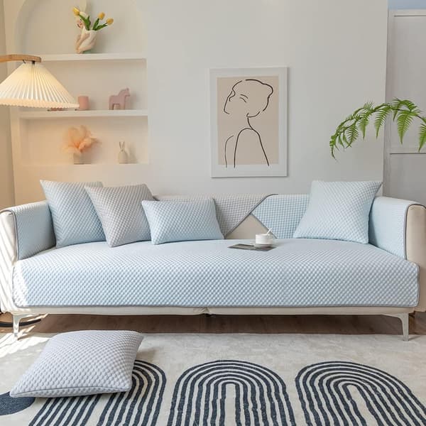 Sofaovertræk i is-silkemateriale, skridsikkert og vaskbart sofabetræk i ensfarvet design, møbelbeskyttelse til stuen Lysegrå Light Gray 90 x 160cm