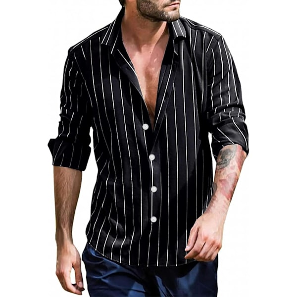 Herre Lapel Cardigan Skjorte - Langærmet Skjorte Sort Stribet Knappet Bluse Efterår Plus Størrelse Tøj Til Ferie Festtøj (Størrelse: S)
