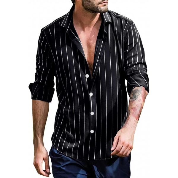 Herre Lapel Cardigan Skjorte - Langærmet Skjorte Sort Stribet Trykt Knap Ned Bluse Efterår Plus Størrelse Tøj Til Ferie Festtøj (Størrelse: L)