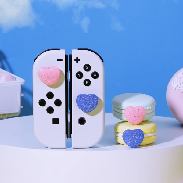 Tommelgrep-hetter for Nintendo Switch, søte joystick-deksler med 3D-mønster, myke, søte analoge silikon 4-pakkersett for Switch/OLED/Lite, blå og rosa hjerte