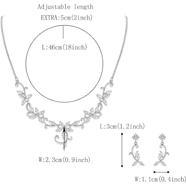 Blomsterblad Bröllop Smyckesset för Brud Brudtärna, Cubic Zirconia Tåardrop Elegant Vinranka Halsband Hängande Örhängen för Bröllop Bal Fest