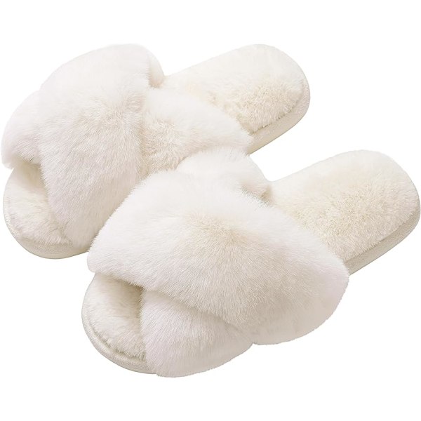 Women's Fuzzy Slippers Cross Band Memory Foam House Slippers Open Toe（Size：7-8）