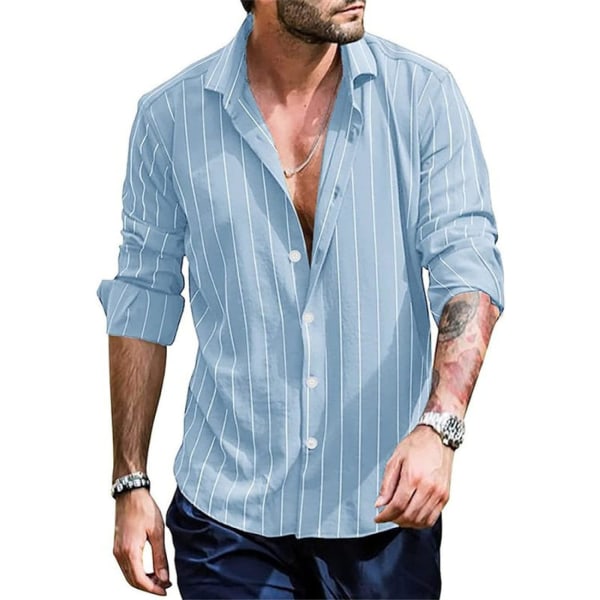 Herr Cardigan Skjorta med Krage - Långärmad Skjorta Blå Randig Tryckt Knapp Ned Blus Höst Plus Storlek Kläder För Semesterfestkläder (Storlek: 5XL)