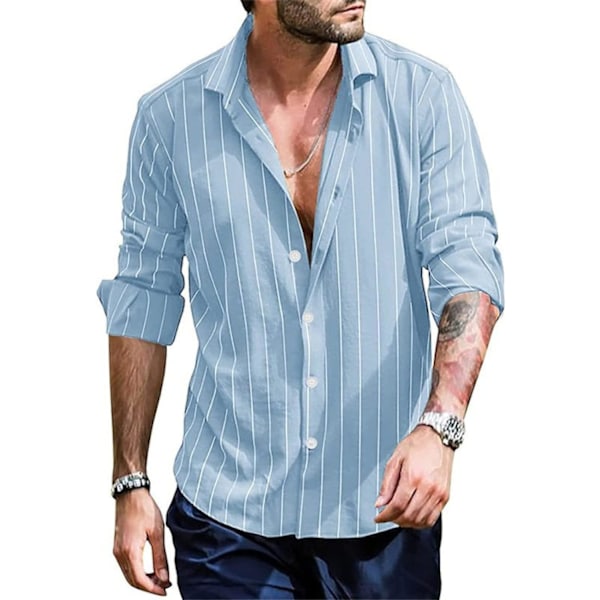 Herre Lapel Cardigan Skjorte - Langærmet Skjorte Blå Stribet Knappet Ned Bluse Efterår Plus Størrelse Tøj Til Ferie Festtøj (Størrelse: 4XL)