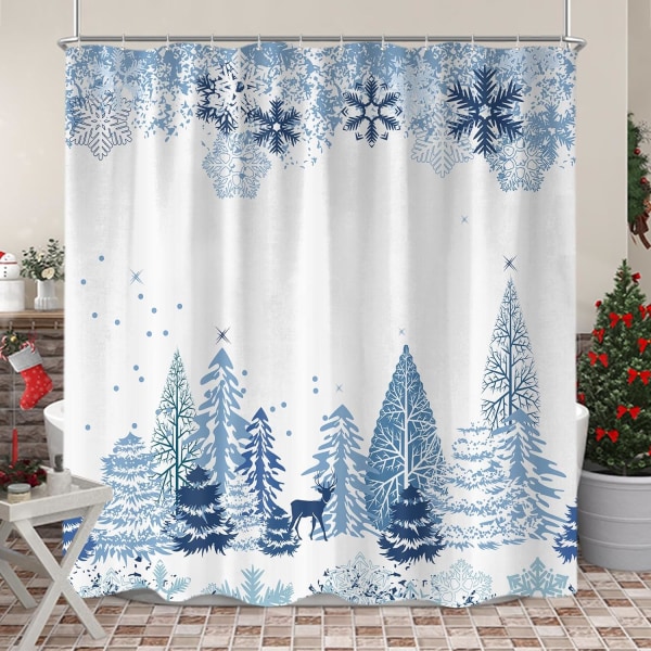 Blå jul snöflinga duschdraperi, vinterskog rådjur tyg duschdraperier set för badrum dekoration med krokar 72 X 72 tum