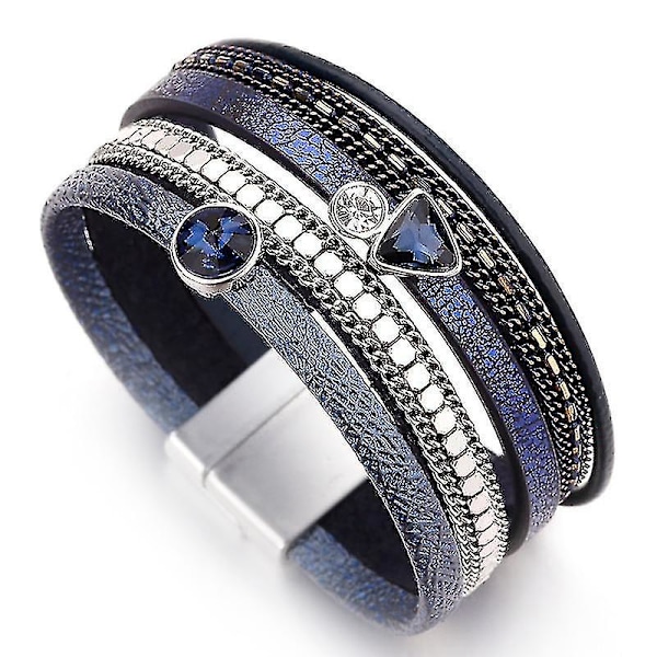 Trendig Rhinestone-Kristall Charm Femme, Breda Läderarmband Mörkblå