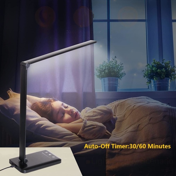 LED skrivebordslampe, dimbar bordlampe for lesing med USB-lading, 5 lysmoduser, følsom kontroll, 30/60 minutters automatisk avstenging