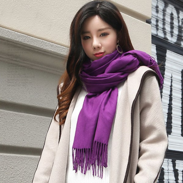 Cashmere Sjal Uld Shawl Ensfarvet Faux Cashmere Varmt Sjal Marineblå Tassel Sjal Til Kvinder Til Kvinder Violet 70*200cm