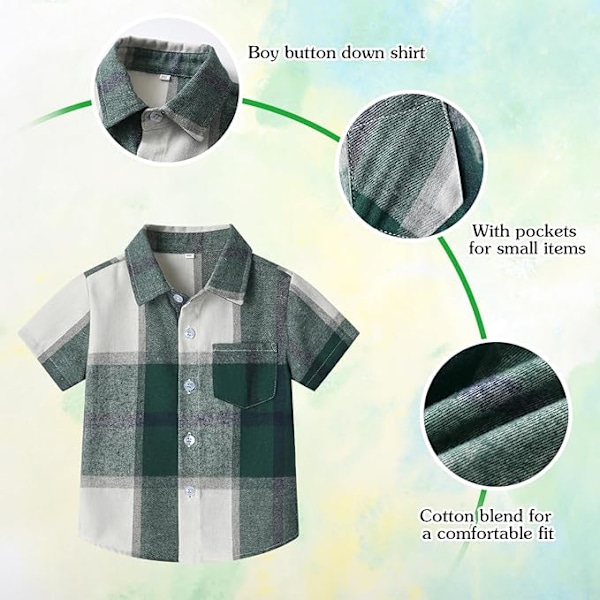 Rutete skjorte med korte ermer for gutter, barneskjorter med knapper, rutete sommerklær for 1-8 år Green 7-8Y