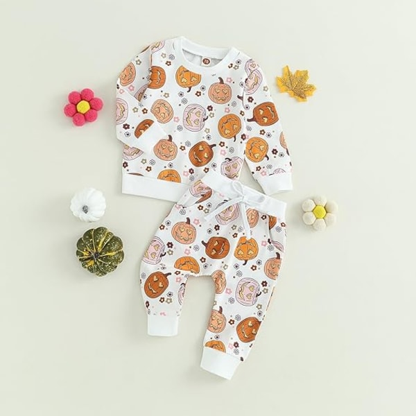 Toddler Baby Girl Halloween Kläder Kid Girl Söt Pumpa Tryck Outfits Pullover Sweatshirts och Flare Byxor Set（Storlek：80CM)Föreslå Ålder:6-12 Månader