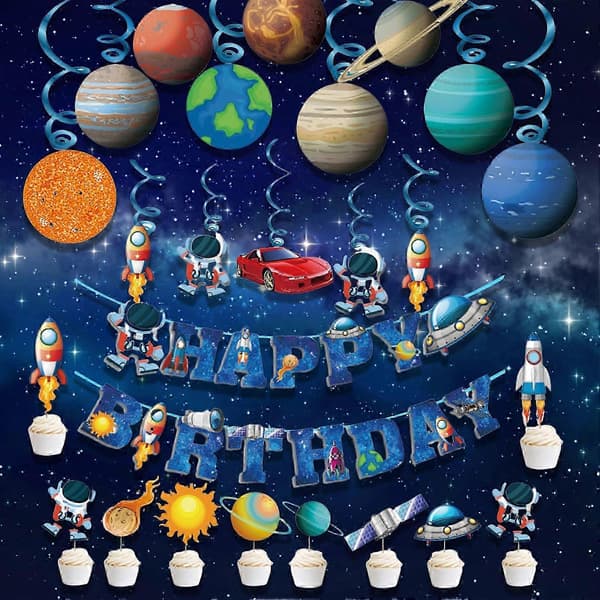 Födelsedagsbanderoll med astronaut- och rymdskeppstema för rymdtema-fester