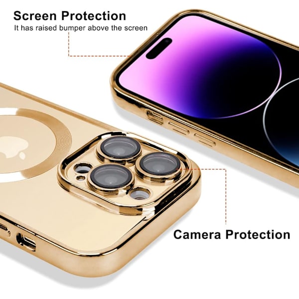 Kompatibelt iPhone 14 Pro Max-fodral med kameralinsskydd (kompatibelt med MagSafe) Reptåligt stöttåligt - Guld