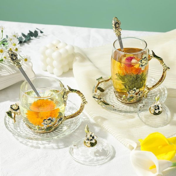 Fancy tekopper Blomster kaffekopper med låg Mors dags gave Fødselsdagsgaver til kvinder Valentinsdag Julegave Jasmin 11oz