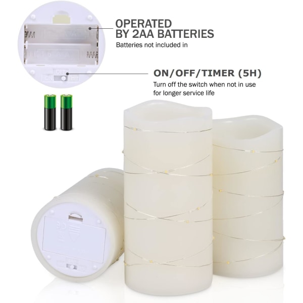 Flimrande flamlös ljus Elfenbensfärgat äkta vaxpelare med nedsänkt 5 timmars timer Set om 3 (7,62 cm x 10,16 cm/12,70 cm/15,24 cm) (Elfenbensfärgad)