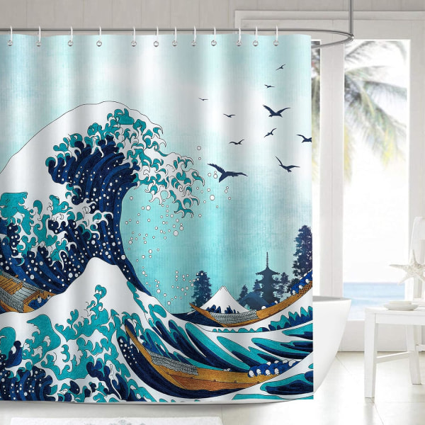 Japansk bruseforhæng 180 x 180 cm Kanagawa Ocean Waves Blå badeforhæng Vandtæt skimmel og skimmelresistent polyesterstof 12 kroge