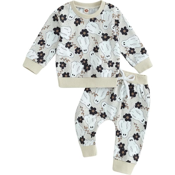 Toddler Baby Girl Halloween Kläder Kid Girl Söt Pumpa Tryck Outfits Pullover Sweatshirts och Flare Byxor Set（Storlek：90CM）Föreslå Ålder:12-18Månader