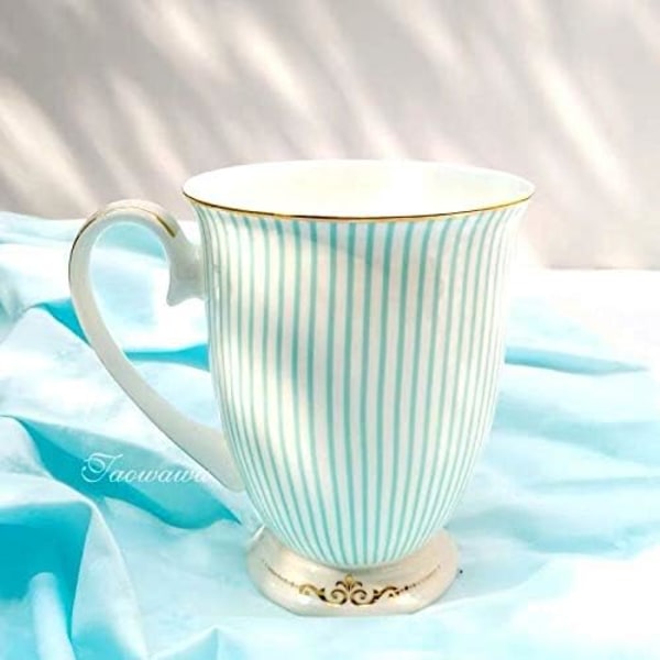 Euro Style Porcelæn Te Kop Kaffe Krus med Låg til Morgenmad Hjem Køkken ((Blå Stribet Mønster) (Blå))