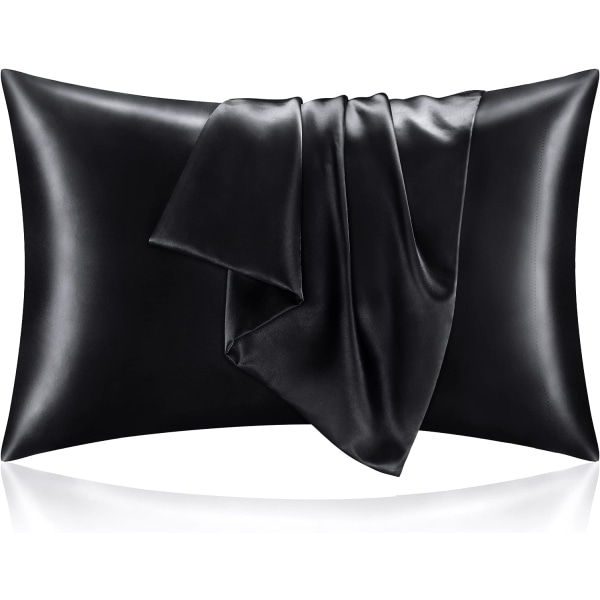 Satin Silk Pillowcase for Hair and Skin, Black Pillow Cases Standard Size Set of 2 Pack, Super Soft Pillow Case with Envelope Closure (20x26 Inches)