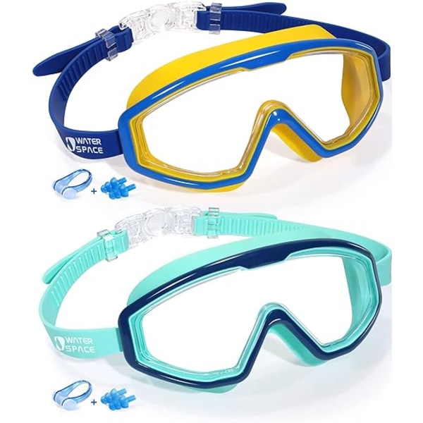 Water Space 2 Pack Swimming Goggles for Kids Boys Girls 3-15, Wide Vision Anti-fog UV protection and Waterproof