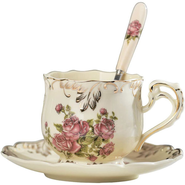 Rose Kopp och Fat Set, 8 oz Keramisk Elfenbens Te Kopp Set med Sked Vintage Blommig Tekopp Gåvor för Kvinnor
