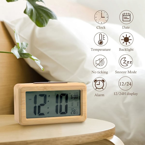 Digitalt vækkeur i træ - Digitalt vækkeur - Morgenvækkeur med temperatur, snooze og dato - Digitalt vækkeur (brun)