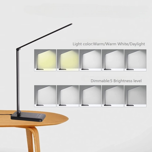LED skrivebordslampe, dimbar bordlampe for lesing med USB-lading, 5 lysmoduser, følsom kontroll, 30/60 minutters automatisk avstenging