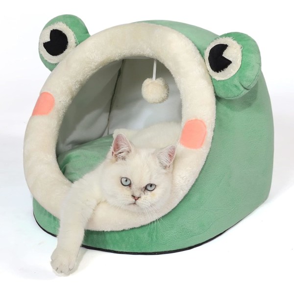 Söt kattsäng, härlig kristallsammetsigloo för inomhus för katt och liten hund, varm grotta sovbosäng för valp och kattunge, Green Frog, M.