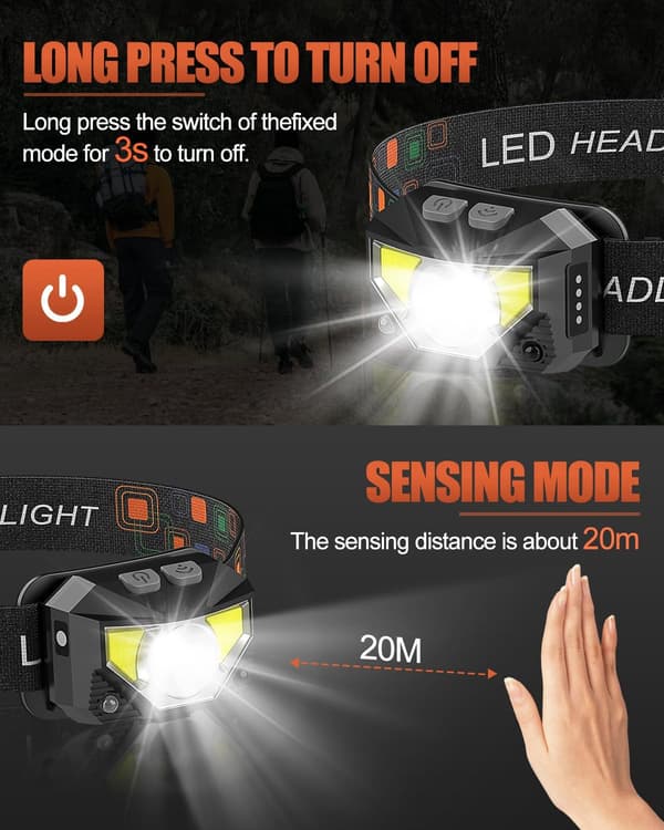 Hodelykt Oppladbar, Løping LED Hodelykt 2500L 6 Moduser Hodelykter med 60° Justerbar IPX4 Vanntett Hodelykt for Løping Camping Fiske