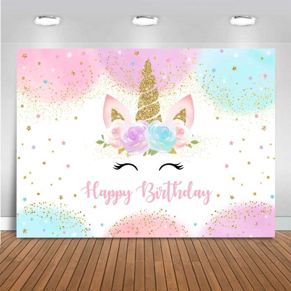 Regnbue Enhjørning Tillykke med fødselsdagen Festdekorationer til pige Akvarel Blomster Glitter Stjerner Prikker EnhjørningKage Bord Banner Tilbehør Studio Rekvisitter(6x4ft)