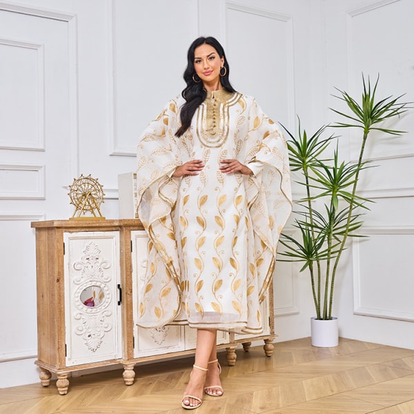 Elegant kjol Bomullsbroderat guldband Muslimsk dräktväst tvådelad set(Vit,L) White L
