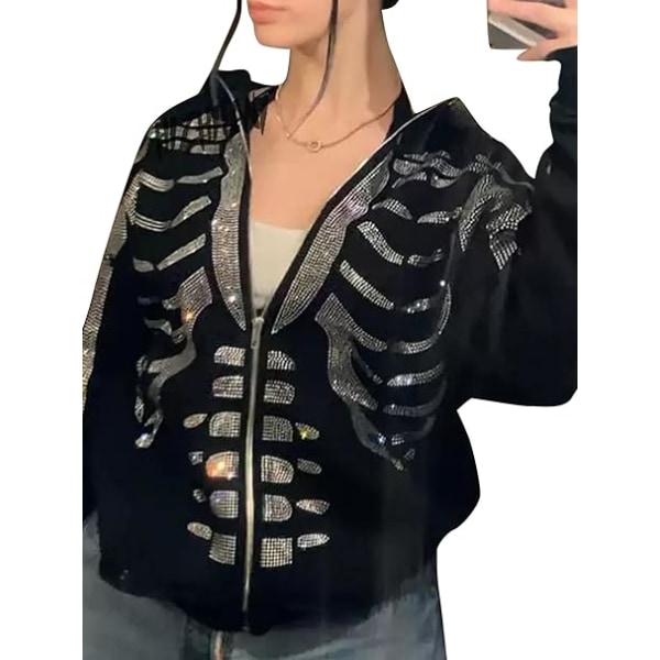 Kvinnors hel dragkedja upp huvtröja Halloween långärmad grafisk jacka Goth tröja flicka Streetwear (Storlek: L)