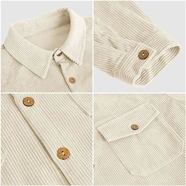 Manchesterskjortor för män Beige Långärmad Button Down Trucker-jacka Skjorta Casual Work Shacket-skjorta med fickor（Storlek：L）
