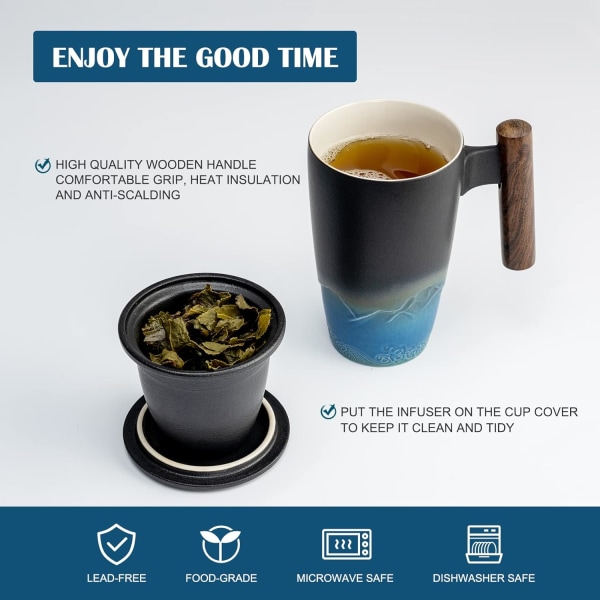 Tomotime Keramisk Tekopp med Infuser och Lock Te Koppar Trähandtag 400ml/13.5oz Svart Cyan