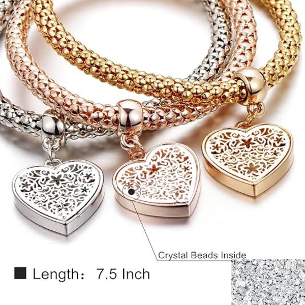 Krystall Charms Flerlagsarmbånd - 3PCS Gull/Sølv/Rosegull Kornkjedearmbånd for Kvinner, Livets Tre Hjerteformet Stretch Armbånd