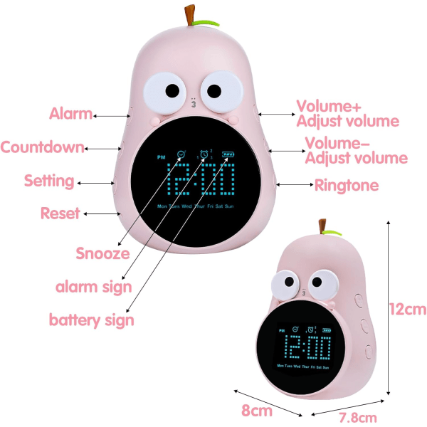 Børns lysende vækkeur, sød pæreformet vækkeur, kreativt natlys, programmerbar snooze-vækkeur