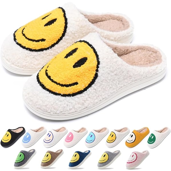 Cute Smile Slippers for Woman Men,Soft Plush Comfy Warm Couple Slip-On House Happy Face Slippers Preppy Slippers Non-slip Fuzzy Flat Slides（Size：7-8）