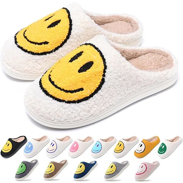 Söta leendetofflor för kvinnor och män, mjuka plysch bekväma varma par tofflor med glad ansikte, preppy tofflor halkfria luddiga platta slides (storlek: 5-6)