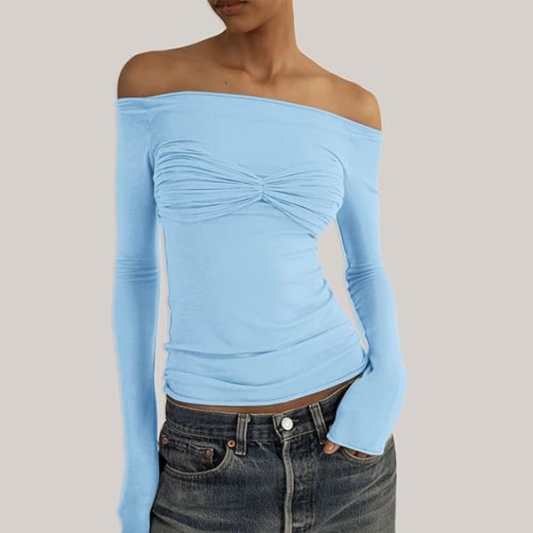 Långärmad tröja dam Basic Crop Top Fashion 2024 Baslager Stretchy Slim Fitted Y2K Tops Mesh Sheer Tshirt (blå, M) blue M