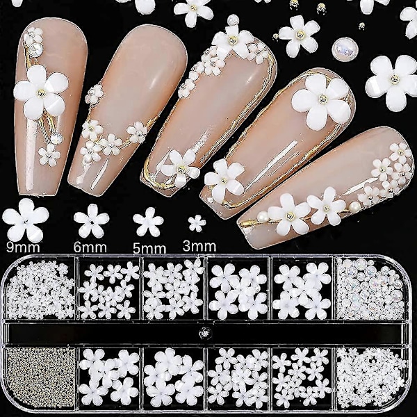 3D Blomster Nagelkonst Charm, 250 st Vit Blommor Nagel Strass Kit 3D Kristall Nagel Pärlor Platt Design Akryl Nagelkonst Dubbar Manikyr Nagel Tillbehör
