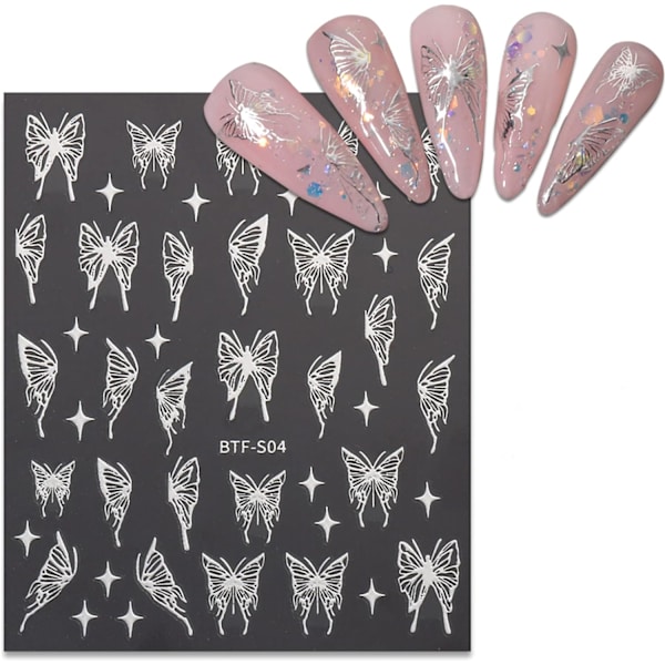 Flytande fjärilsnagelstickers för nagelkonsttillbehör, självhäftande nagelkonststickers med färgglada lasermetalliska mönster 3D-dekaler