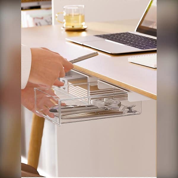 Under-desk Drawer Storage Box — Self-adhesive Pull-out Organizer, PET+ABS
