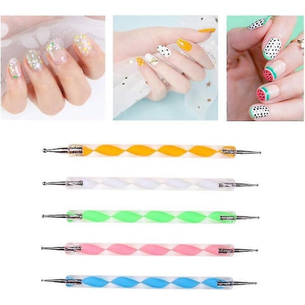 5-pack Nagelprickpenna Marmorering Prickmålning Penna Polish Carving Verktyg Måla Manikyr Prick Nagelkonst Set - Flerfärgad