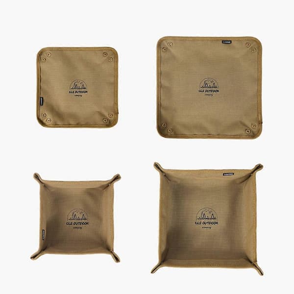Foldable Storage Tray Portable Square Organizer for Camping and Travel, 600D Oxford Fabric, Khaki