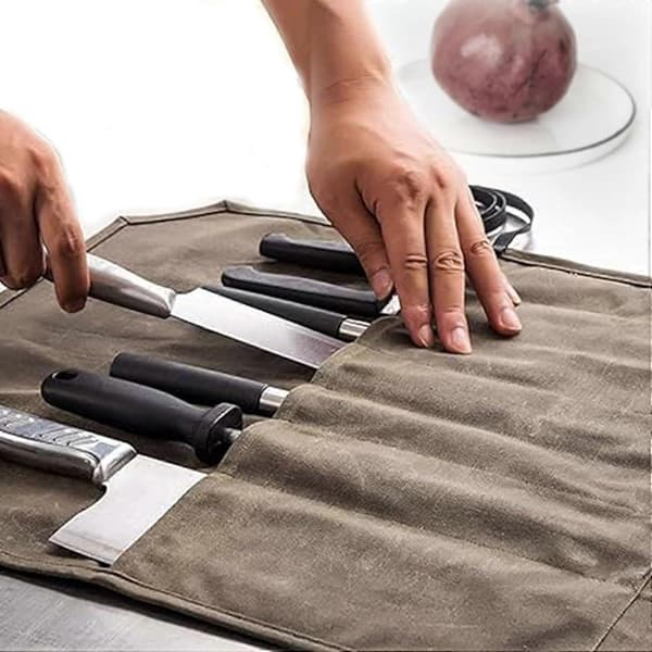 Knivrullveske i kanvas for oppbevaring av kniver