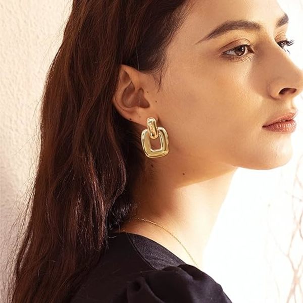 Guld Sølv Hoop Dangle Øreringe Til Kvinder Piger Statement Retro Øreringe Flere Stilarter Smykker Til Fødselsdagsfest Gave(Guld Poleret Firkantet)