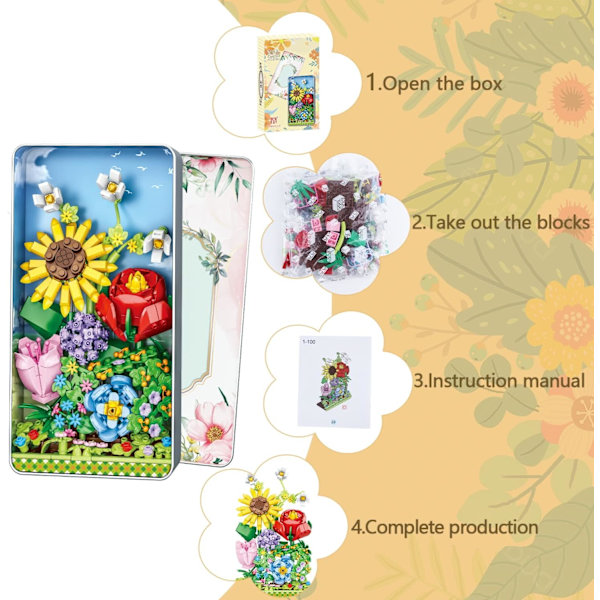 Blombukett Byggsats - 6 sorters blommor Botanisk samling, Blombyggklossleksaker Kreativt projekt för hemrum (478 delar)